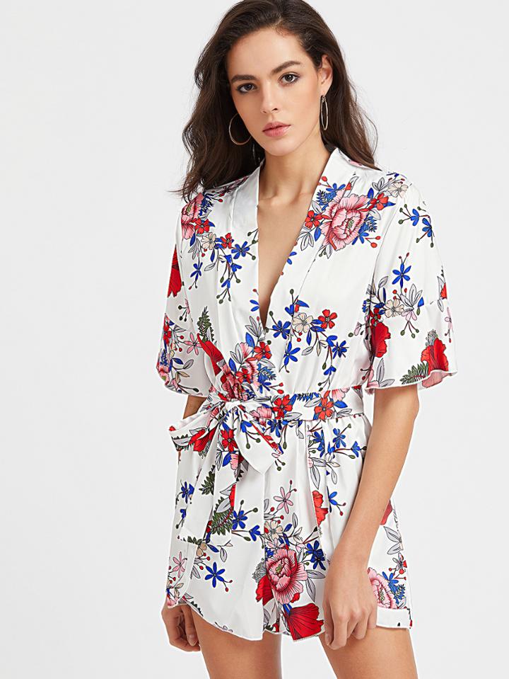 Romwe White Floral Print Warp Front Self Tie Romper