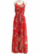 Romwe Red Floral Lace Up Backless Spaghetti Strap Maxi Dress