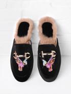 Romwe Bird Embroidery Velvet Flat Mules With Faux Fur