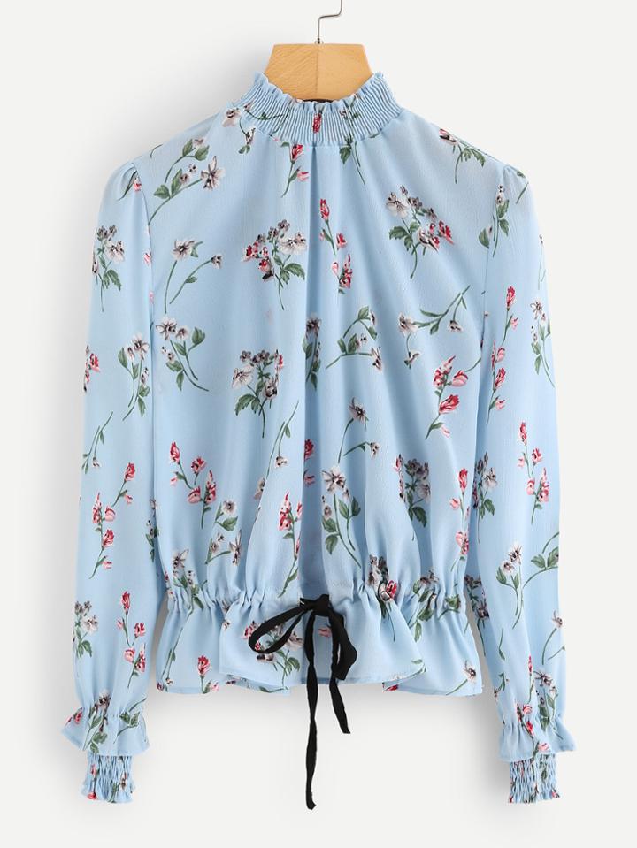 Romwe Floral Print Drawstring Top