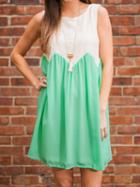 Romwe Contrast Lace & Chiffon Tank Dress - Green