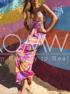 Romwe Multicolor Spaghetti Strap Cut Out Geometric Print Maxi Dress