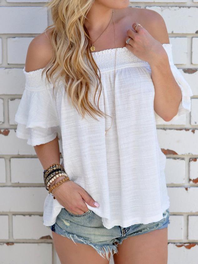 Romwe White Cutout Back Smocked Off The Shoulder Top