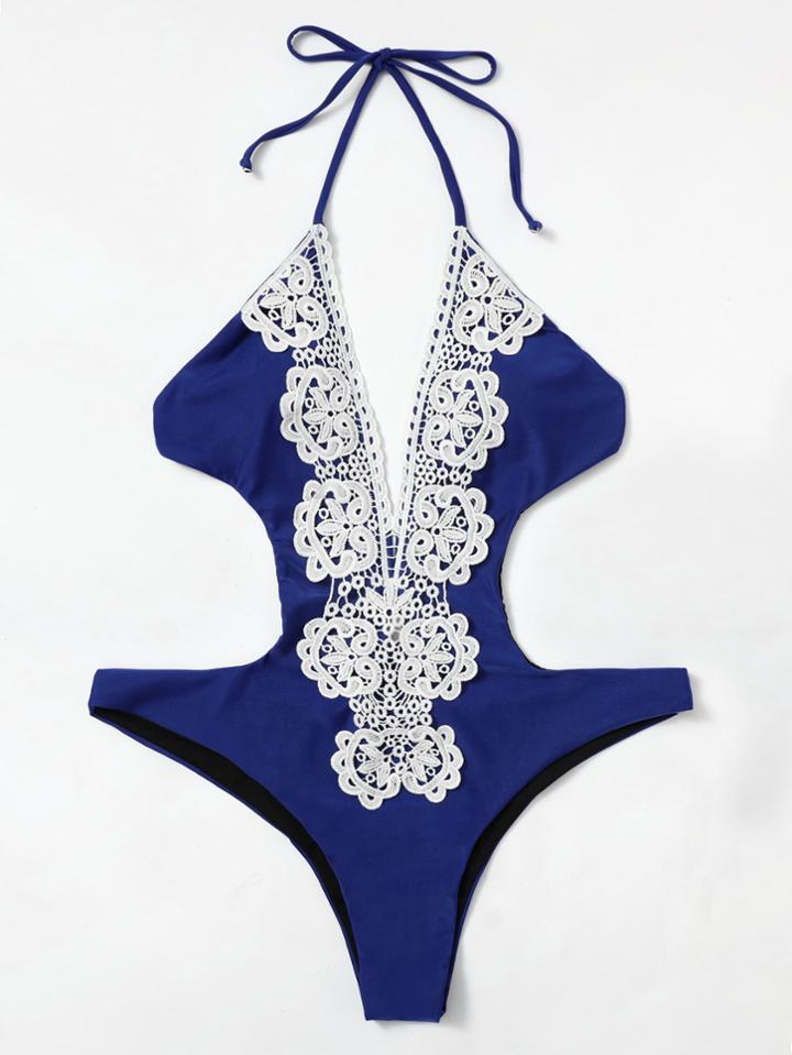Romwe Crochet Trim Open Back Swimsuit
