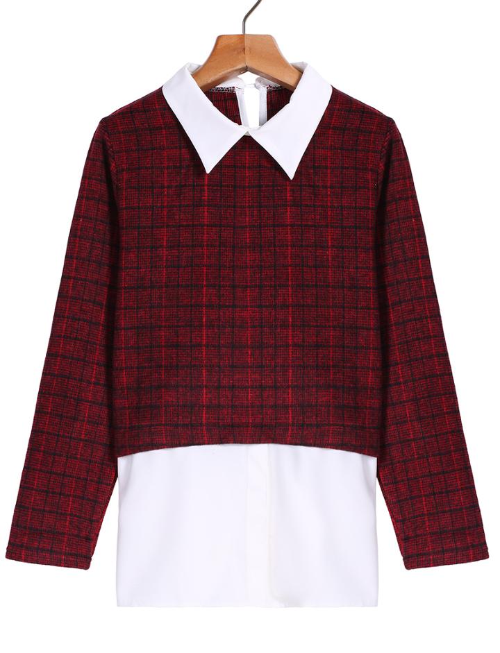 Romwe Check Print Lapel Red Blouse