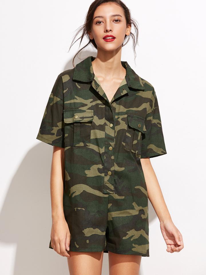Romwe Camo Print Dropped Shoulder Seam Button Pockets Jumpsuit