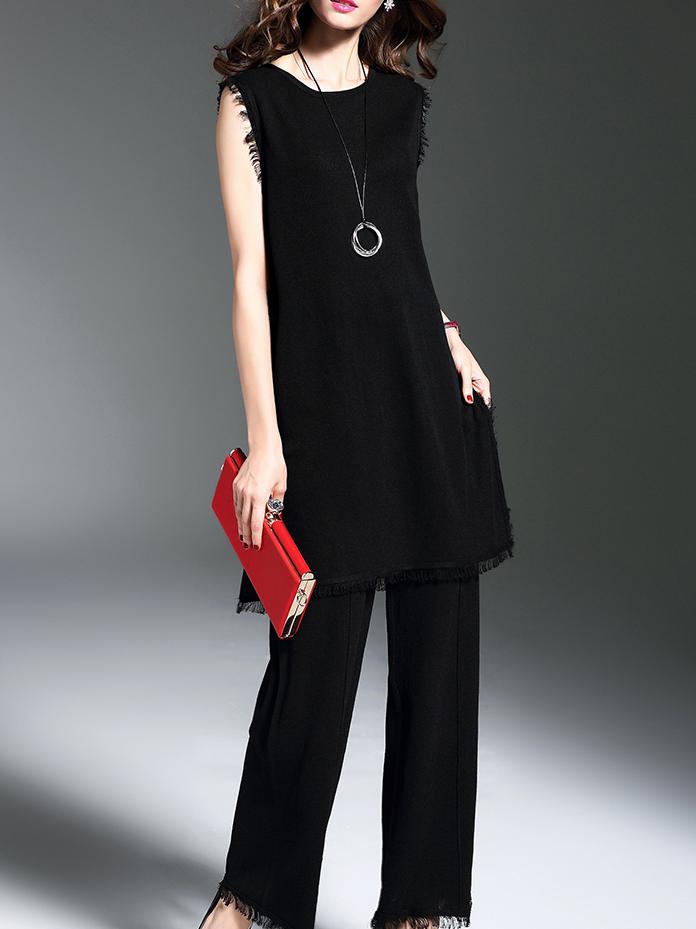 Romwe Black Fringe Knit Top With Pants