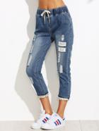 Romwe Blue Ripped Letter Patch Drawstring Waist Cuffed Jeans