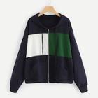 Romwe Plus Cut-and-sew Zip Up Hooded Sweatshirt