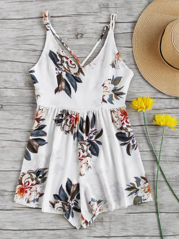Romwe Floral Print Random Strappy Detail Cami Romper