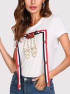 Romwe Striped Tape And Pearl Beading Detail T-shirt