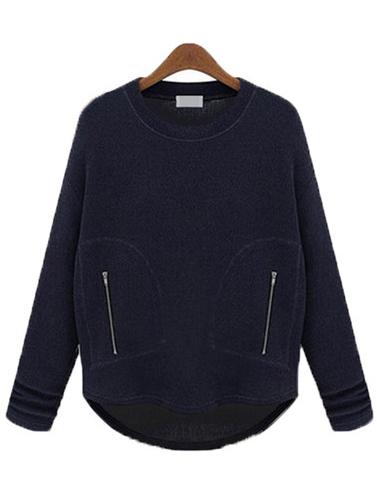 Romwe Dip Hem Zippers Loose Blue Sweatshirt