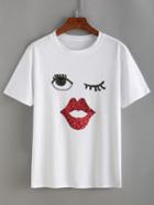 Romwe White Eyes Pattern Sequined T-shirt