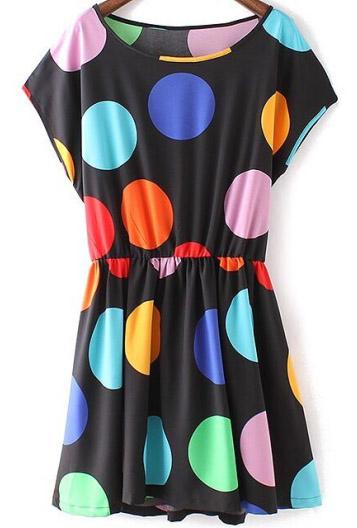 Romwe Black Short Sleeve Polka Dot Peplum Waist Dress