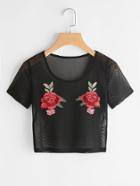Romwe Rose Embroidered Applique Mesh Tee