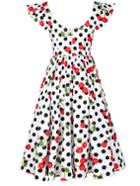 Romwe Polka Dot & Cherry Print Fit & Flare Dress - Multicolor