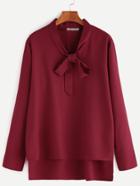 Romwe Burgundy Bow Tie Neck High Low Blouse