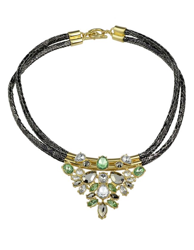 Romwe Elegant Pu Leather Two Layers Chain Shining Flower Stone Necklace