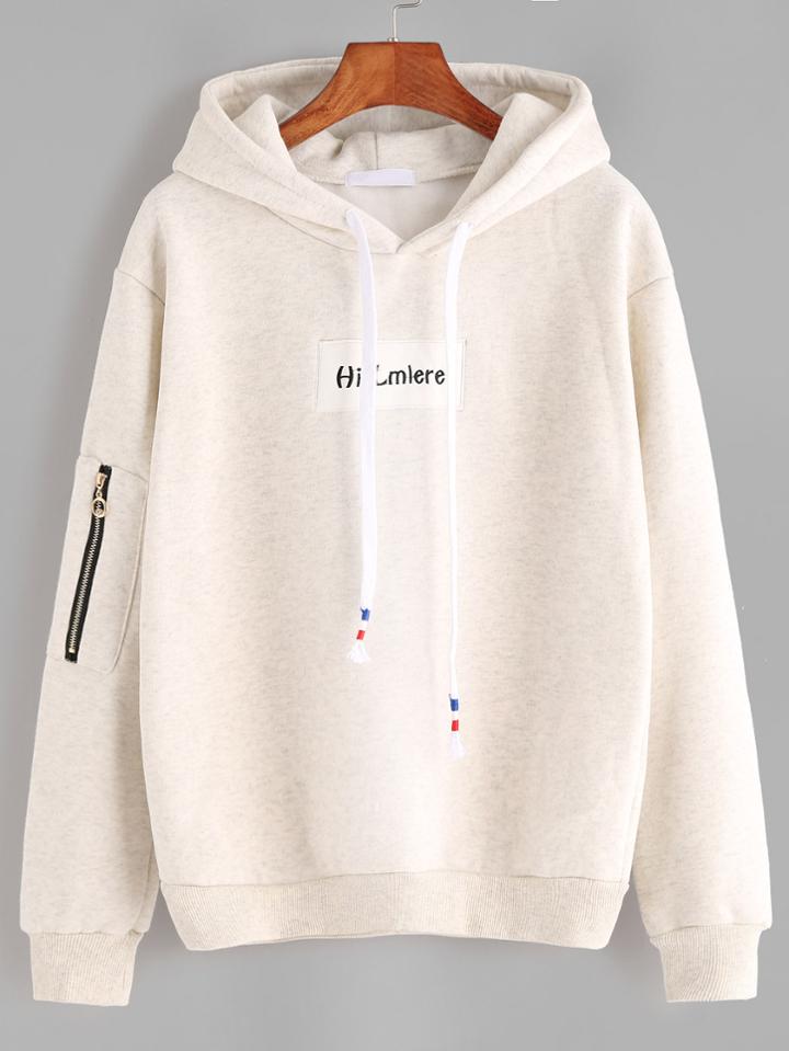 Romwe Beige Letter Embroidery Patch Sleeve Zip Detail Drawstring Hoodie