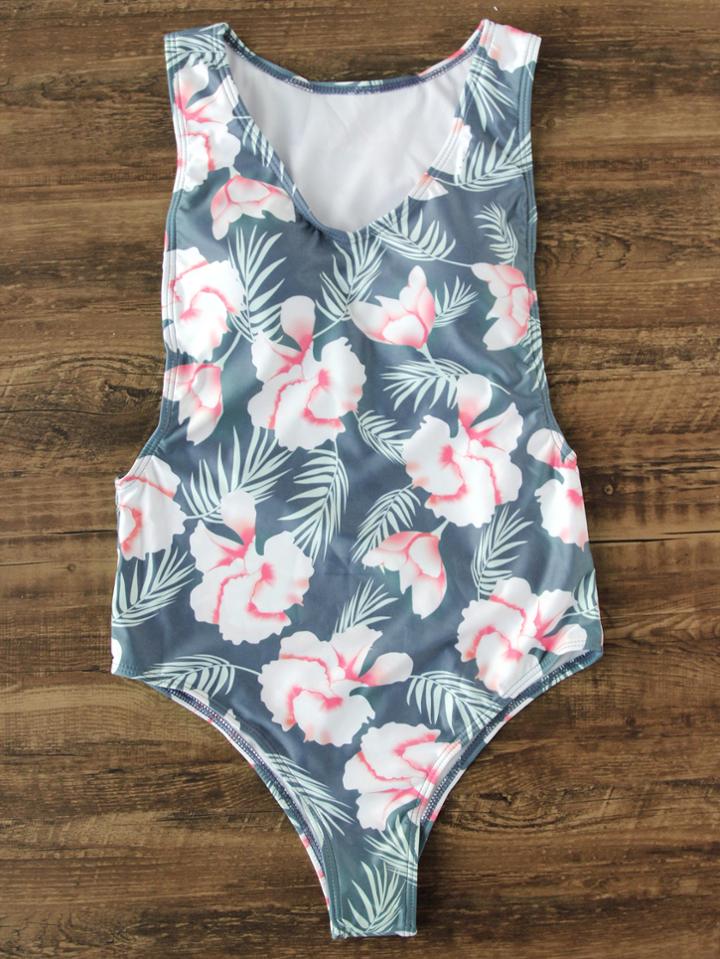 Romwe Floral Print V Neck One-piece Swimwear