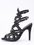 Romwe Faux Suede Caged Studded Sandals - Black