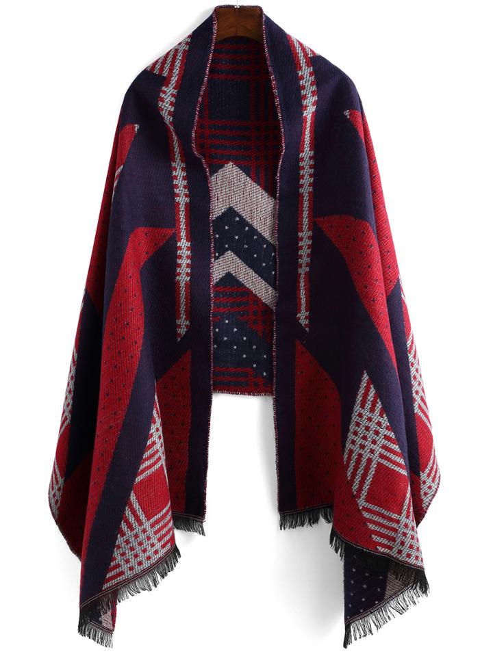 Romwe Plaid Polka Dot Fringe Scarf