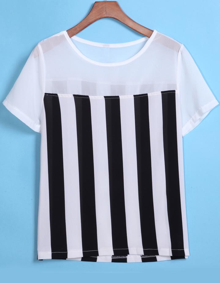 Romwe Round Neck Vertical Striped T-shirt