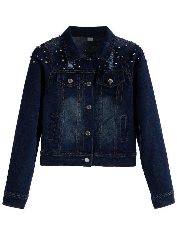 Romwe Dark Blue Bleached Ripped Studded Denim Jacket