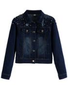 Romwe Dark Blue Bleached Ripped Studded Denim Jacket