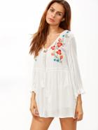 Romwe White Embroidery V Neck Bell Sleeve Dress With Cami