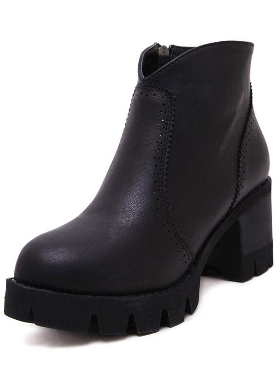 Romwe Black Round Toe Zipper Chunky Boots