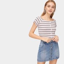 Romwe Striped Button Through Crop Tee