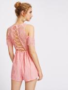 Romwe Lace Up Open Back Button Front Lace Romper