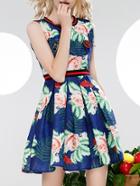 Romwe Navy Floral Elastic-waist A-line Dress