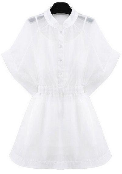 Romwe Stand Collar With Buttons Organza White Dress