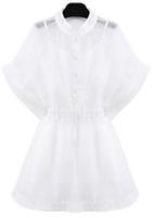 Romwe Stand Collar With Buttons Organza White Dress