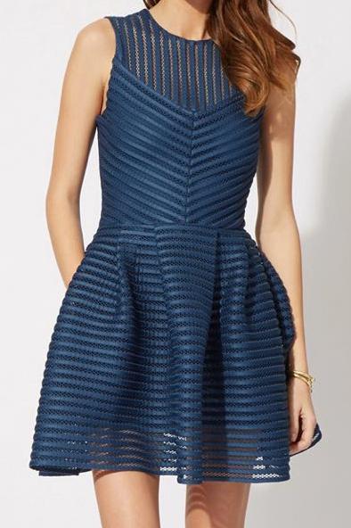 Romwe Sleeveless Hollow Striped Flare Navy Dress