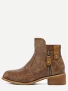 Romwe Brown Faux Leather Zip Trim Cork Heel Booties