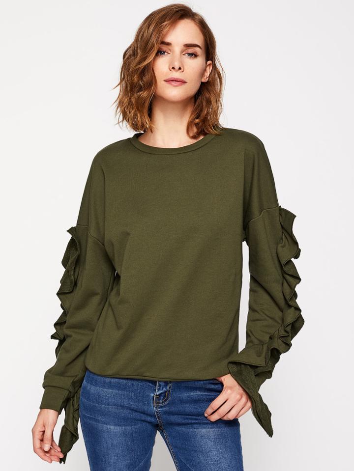 Romwe Drop Shoulder Frilled Pullover