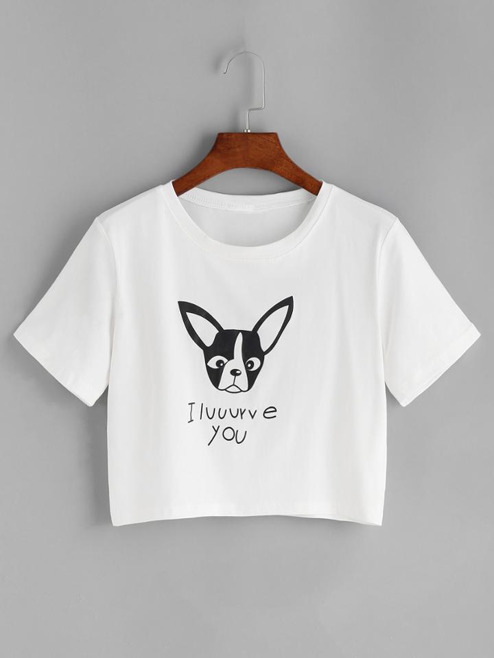 Romwe Letter And Dog Print Crop T-shirt
