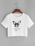 Romwe Letter And Dog Print Crop T-shirt