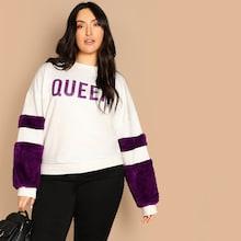 Romwe Plus Letter Print Contrast Faux Fur Pullover