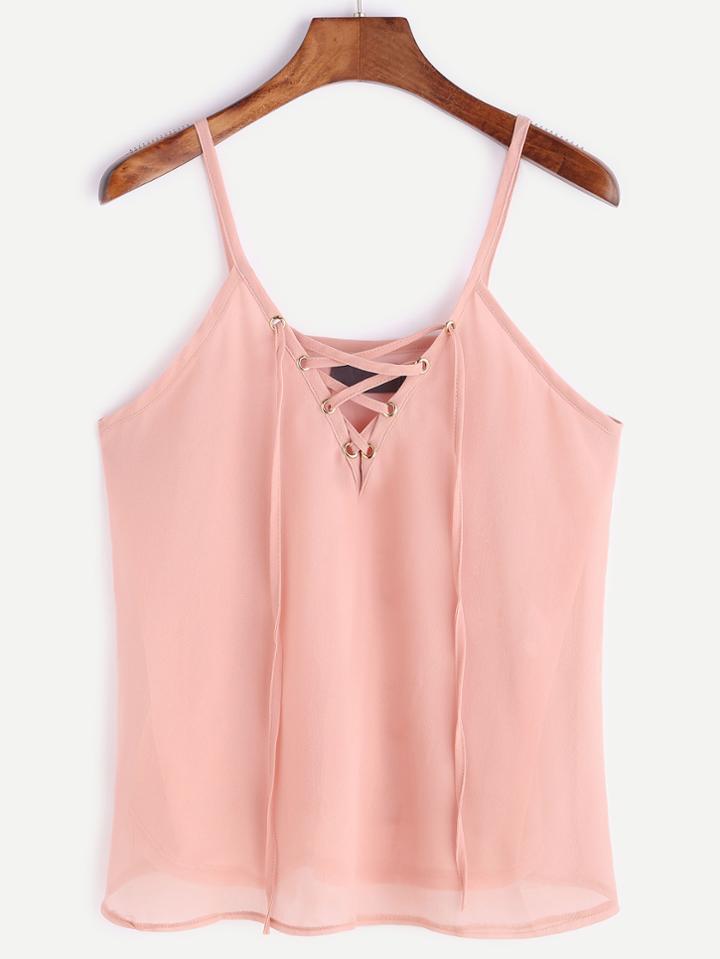 Romwe Pink Lace Up Front Chiffon Cami Top
