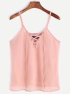 Romwe Pink Lace Up Front Chiffon Cami Top