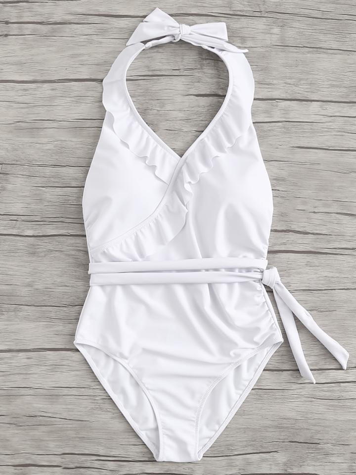 Romwe Open Back Knot Side Ruffle Trim Swimsuit
