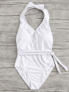 Romwe Open Back Knot Side Ruffle Trim Swimsuit