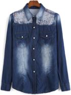 Romwe Lapel Contrast Mesh Embroidered Denim Blouse