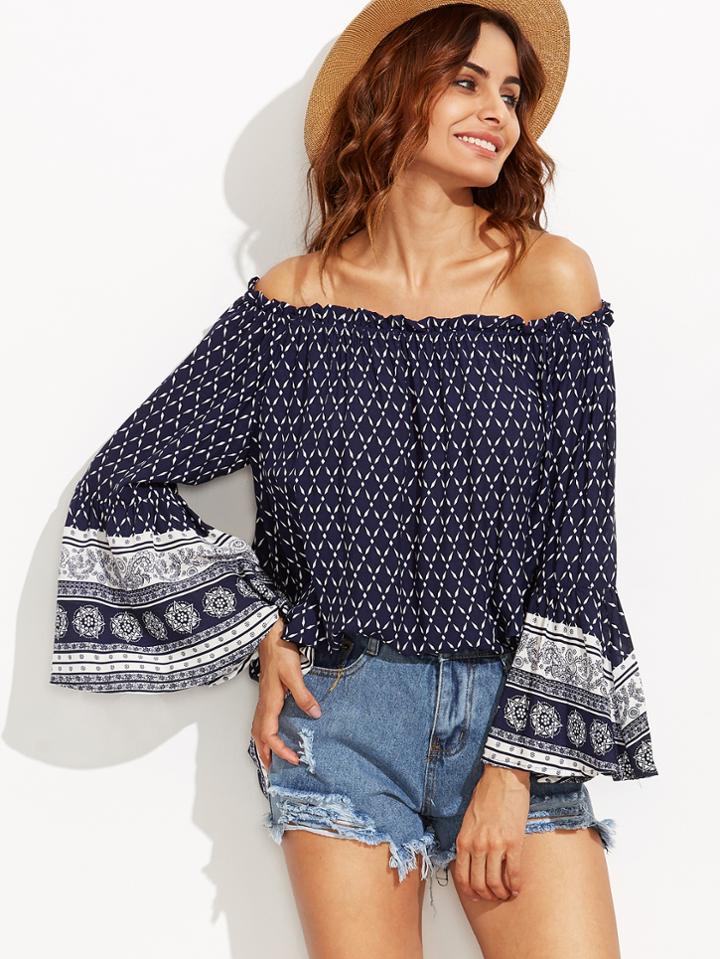 Romwe Vintage Print Off The Shoulder Bell Sleeve Top