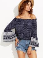 Romwe Vintage Print Off The Shoulder Bell Sleeve Top