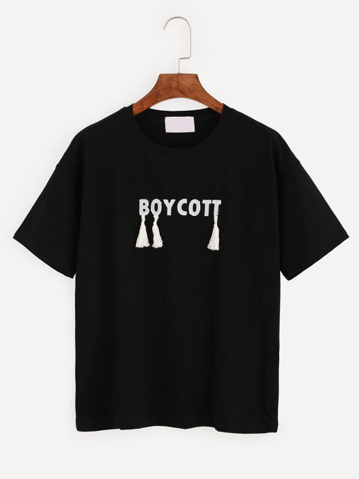 Romwe Black Tassel Trim Letter Patch Drop Shoulder T-shirt